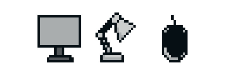 Pixel art desktop items - monitor, lamp, mouse