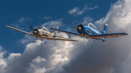 Two vintage airplanes soaring gracefully through a cloudy sky