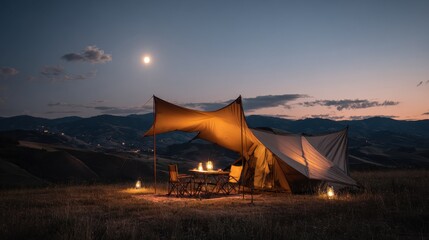 A peaceful camp at night, with tent lit up and the moon hanging over the hills. The scene evokes a sense of serenity and adventure. 