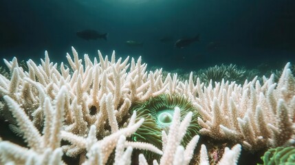 Underwater view of bleached corals in the ocean