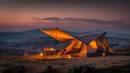 A serene camping scene illuminated by warm lights against the backdrop of rolling hills during twilight. The tent glows invitingly, promising a cozy experience.