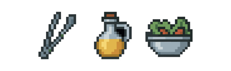 Fototapeta premium Pixel art: cooking utensils, olive oil, and salad bowl