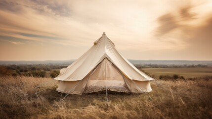 Camping tent at sunset, golden meadow landscape. Vacation adventure and relaxing retreat