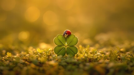 A four-leaf clover in a golden field with a ladybug perched on top, representing good luck and fortune