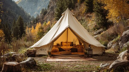 A picturesque glamping tent nestled in a beautiful, secluded woodland setting. It has a spacious interior, furnished with comfortable seating and soft lighting.