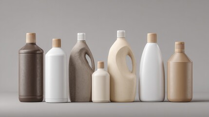 Seven bottles of different shapes, sizes, and colors are displayed against a neutral gray background. The bottles are made from various materials, including plastic and cardboard.