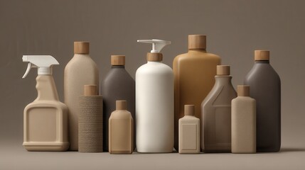 An array of bottles with various designs and sprayers, each topped with a natural wood cap. A collection of eco-friendly and minimalist containers. 