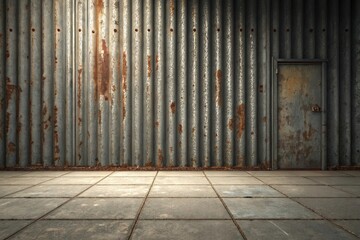 Rusty Metal Wall with Door and Concrete Floor in Industrial Setting