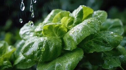 Fresh lettuce with water droplets, healthy green leafy plant