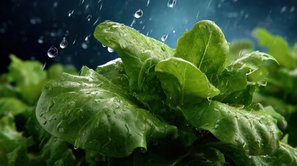 Fresh, vibrant lettuce leaves glistening with raindrops, showcasing nature's freshness. A close-up capture of nature's bounty.