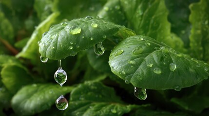 Lush green leaves glistening with raindrops, capturing a moment of freshness