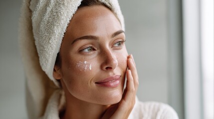 A woman with a towel on her head, enjoying the process of applying moisturizer to her face. The scene evokes a sense of self-care, rejuvenation, and morning routine