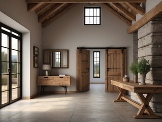 Spacious hallway with beam ceiling and wooden console table. Interior design of modern rustic