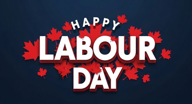 Happy labour day greeting with red maple leaves on a dark blue background