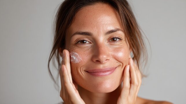 A woman applying skincare product to her face, promoting healthy and radiant skin