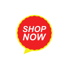 Shop now button on speech bubble. Vector illustration. 