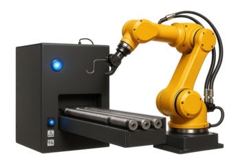 Automated wire bending machine with a robotic arm and conveyor belt integration for high-speed production in an appliance factory