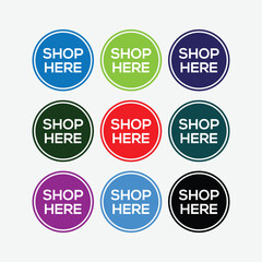 Colorful Round Shop Here Buttons Vector Set

