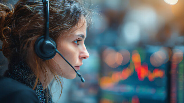 Focused Woman with Headset Analyzing Financial Data on Screen
