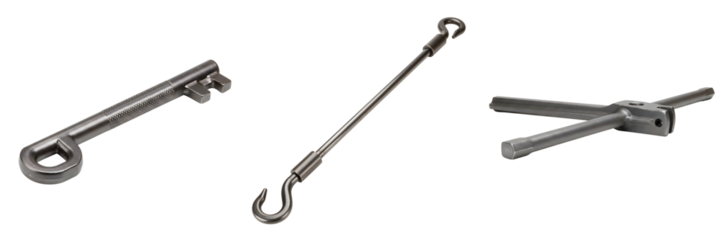 Set of three isolated images of manhole key — deep lock key with reinforced handle, double-hook key, and cross-shaped key for manhole opening