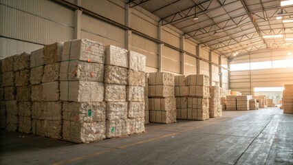 Storage Facility with Stacks of Bales in Brightly Lit Indoor Warehouse Space