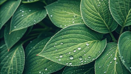 Close-up View of Fresh Green Leaves with Water Droplets Glistening in Natural Light