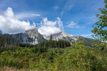 A sharp grey mountain against a blue sky with clouds, a green forest is visible in front.