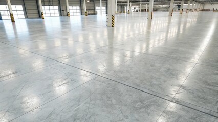 Spacious Industrial Warehouse Interior with Clean Concrete Floor and High Ceilings