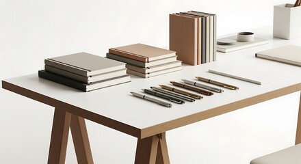 A collection of books and pens neatly arranged on a desk isolated on white background