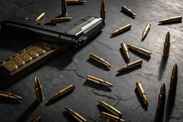 Black handgun with bullets on dark textured surface for security and defense themes