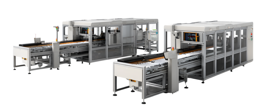 High-Quality Clean Isolated Two 3D robotic sorting machin transparent background, versatile design element, ideal for video overlays and marketing materials, royalty-free - Powered by Adobe