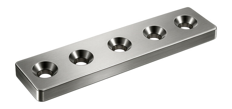 Flat straight bracket with countersunk holes for flush mounting in woodworking projects.
