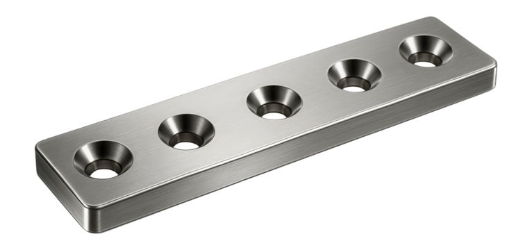 Flat straight bracket with countersunk holes for flush mounting in woodworking projects.