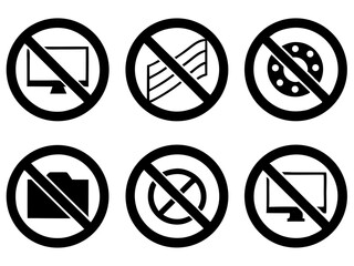 Collection of six prohibition signs showing forbidden items and activities
