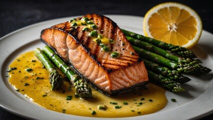 grilled salmon steak with asparagus and citrus sauce