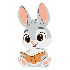 Vector illustration in a simple children's style. Cute rabbit reading a book on white background. Vector illustration