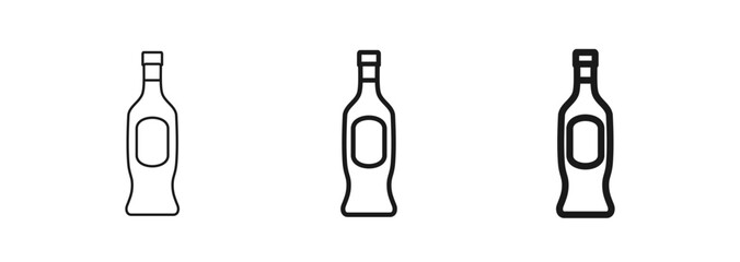 Glass bottle of sauce, oil, vinegar, liquor. Line icon in thin, regular, and bold thickness. For cooking app, web design, ui ux, food packaging. Alcoholic beverage packaging – wine, vermouth. Vector