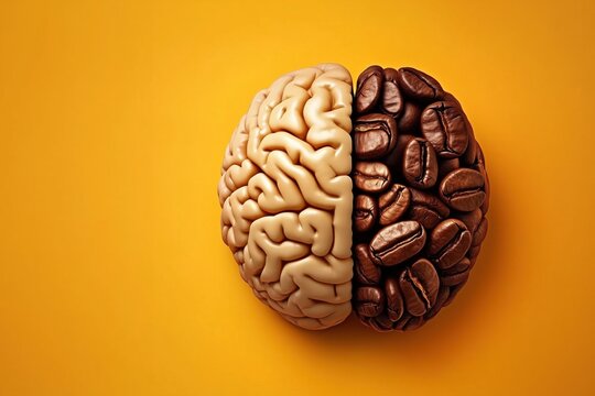 Conceptual image of a brain half composed of human brain tissue and half made of coffee beans on a yellow background. Symbolizes caffeine, energy, and mental performance