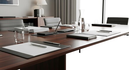 A closeup view of a modern conference table with documents and laptops