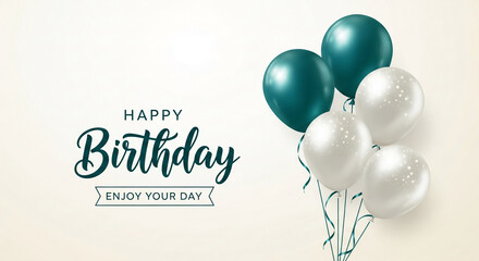 Happy Birthday banner with teal and white balloons, celebrating a joyful occasion, ideal for greeting cards or party invitations