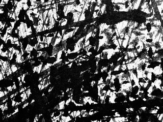 Abstract black and white artwork featuring dynamic lines and textures created with ink on paper