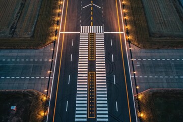 Aerial View of Illuminated Runway and Taxiway With Traffic Markings at Night