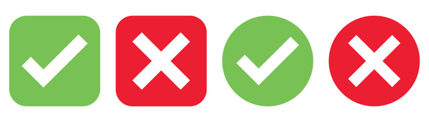 Obraz premium Set green approval check mark and red cross icons in circle and square, checklist signs, flat checkmark approval badge, isolated tick symbols