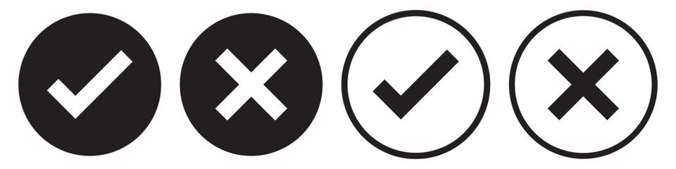Set green approval check mark and red cross icons in circle and square, checklist signs, flat checkmark approval badge, isolated tick symbols