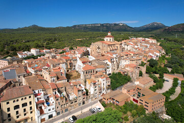 Aerial view Mont-roig del Camp town on sunny summer day. Tarragona, Spain.