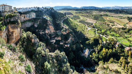 Ronda, view from city walls to landscape. Panoramic view from terrace of city Ronda to surrounding...