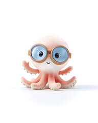 3D animation, clean design - Baby octopus with snorkel and goggles waving, isolated white background