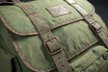 Vintage Green Canvas Backpack with Leather Straps and Detailed Stitching