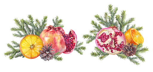 Watercolor set with Christmas tree branch with pomegranate orange and pine cone isolated on white background. Forest sticker or card. Hand-drawn clipart for New Year celebration or wrapping wallpaper