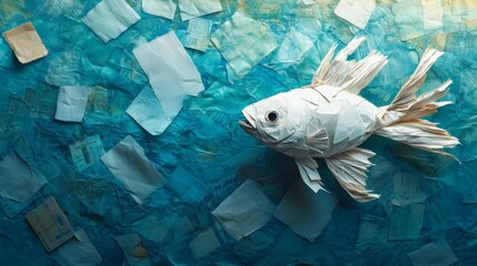 Origami fish swimming in a sea of paper scraps symbolizing ocean pollution